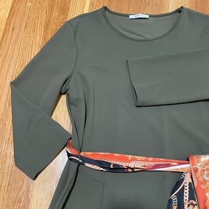 ZARA army green midi dress with a detailed belt, pockets, three quarter sleeves